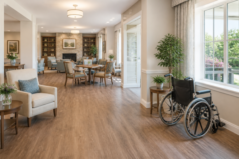 Accessible senior living common area with clear wheelchair pathways