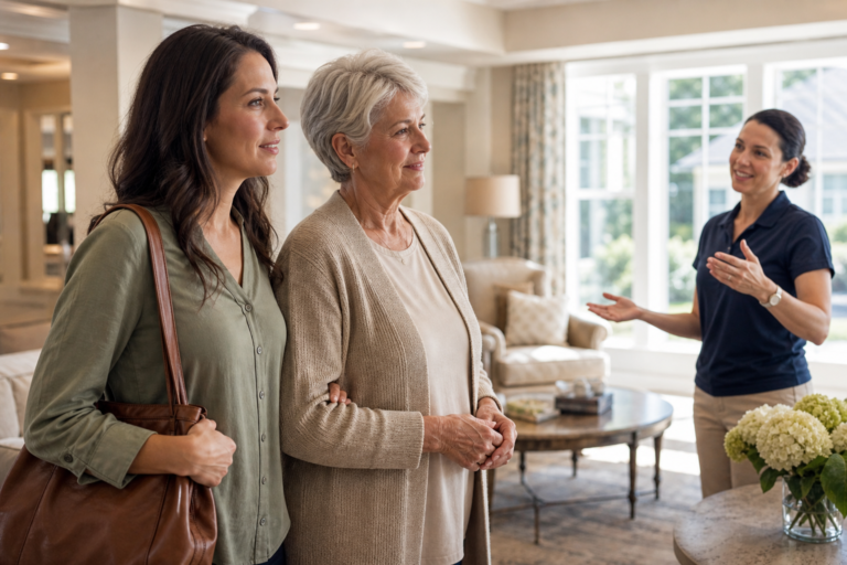 Family touring a personal care home common area in Gwinnett County