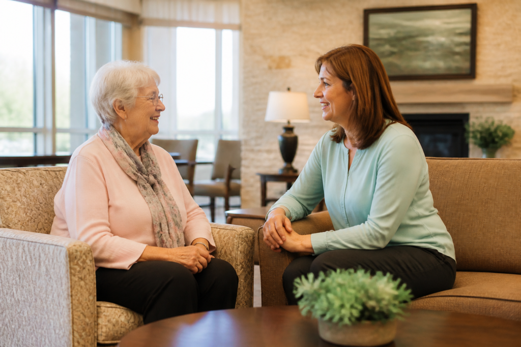 Older adult and family caregiver talking in a comfortable senior living common room