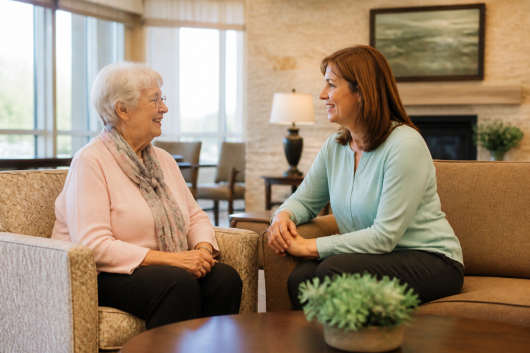 Older adult and family caregiver talking in a comfortable senior living common room