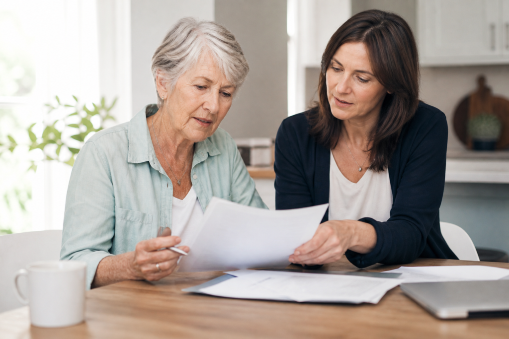 Older woman reviewing senior-care documents with a family member
