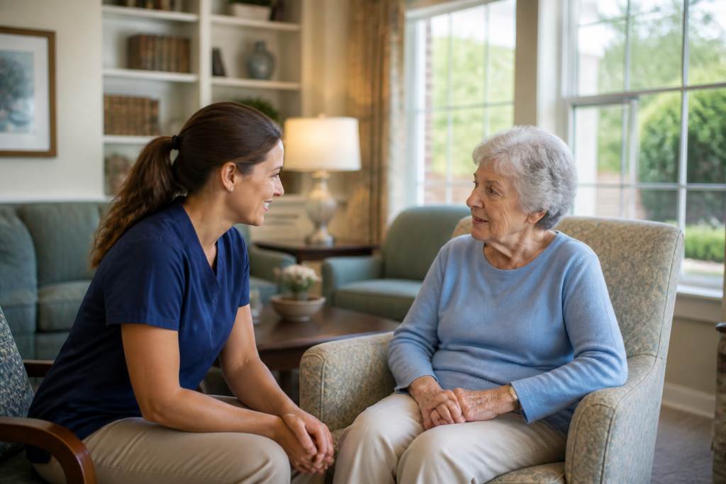 Caregiver speaking with a resident in a welcoming senior living common room