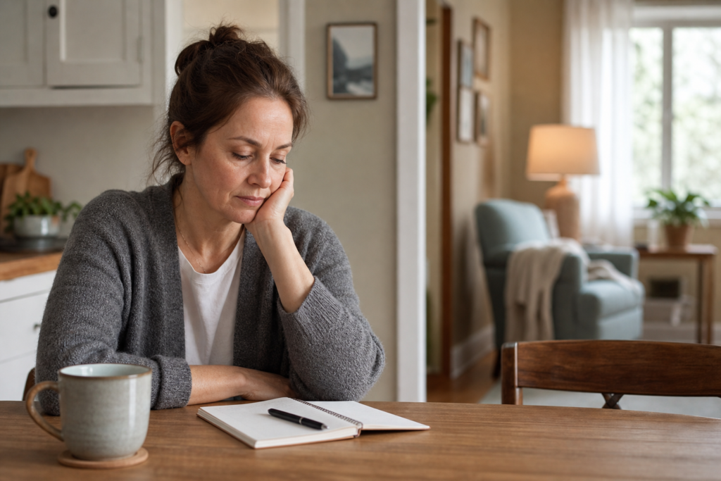Tired family caregiver sitting at a kitchen table in a senior living space
