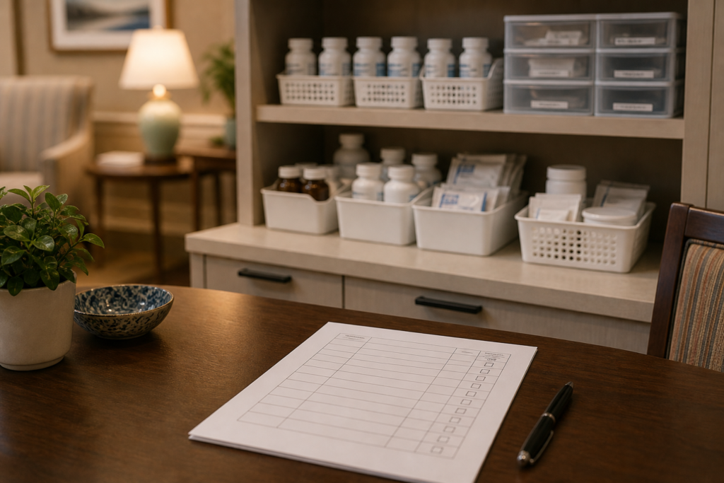 Organized medication storage and care checklist in a personal care home