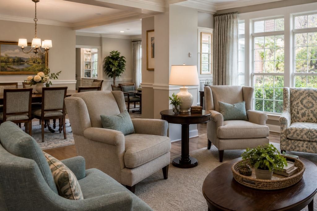 Welcoming personal care home sitting and dining area