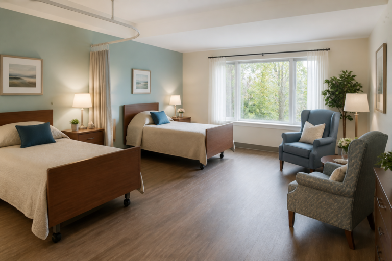 Bright shared personal care home suite with two beds and clear walking space