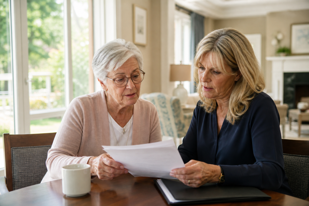 Family reviewing senior living care information together