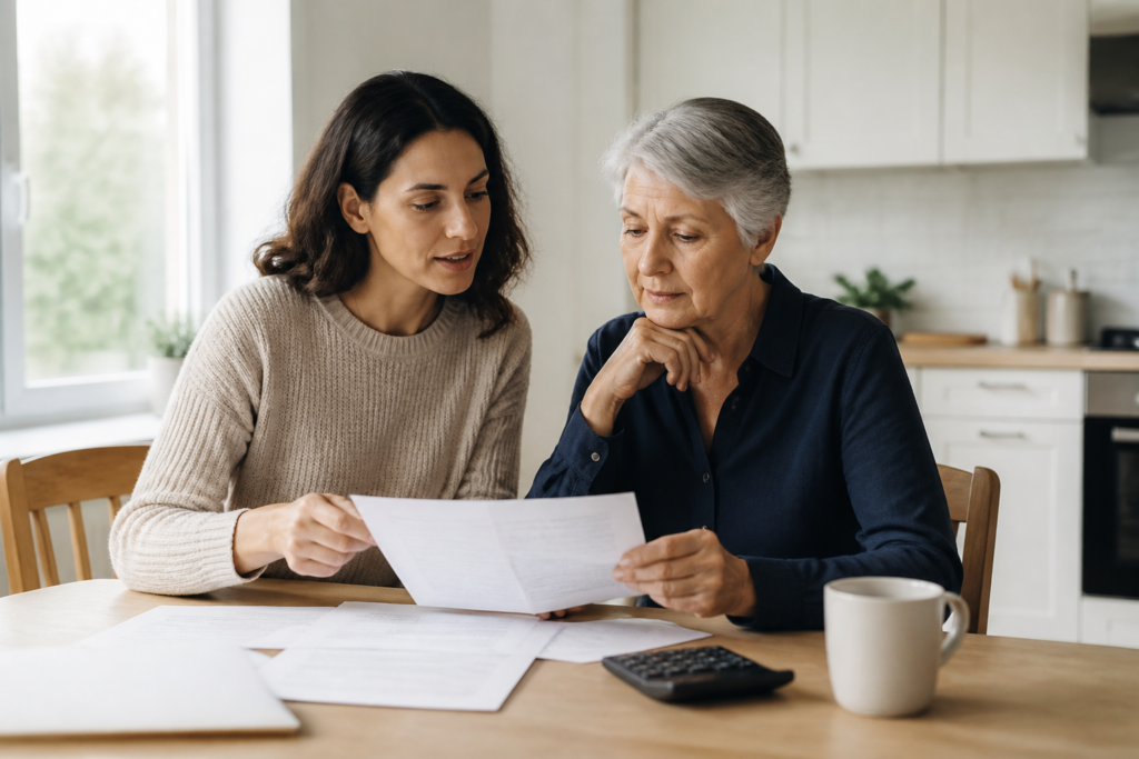 Family reviewing care planning documents together at a kitchen table