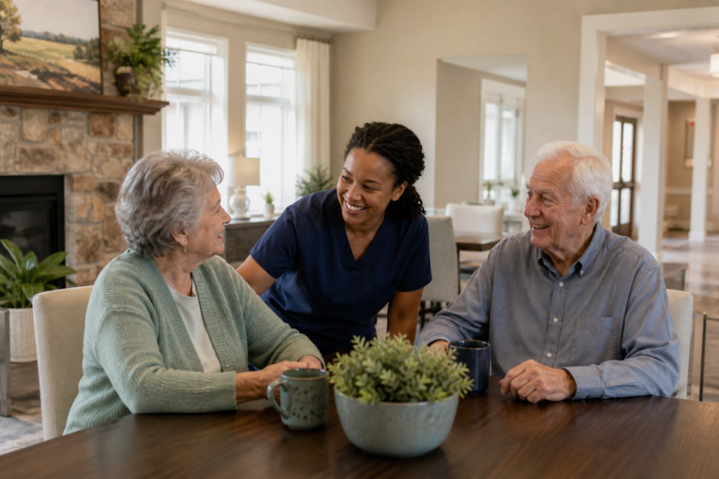 Caregiver speaking with residents in a welcoming senior living common area