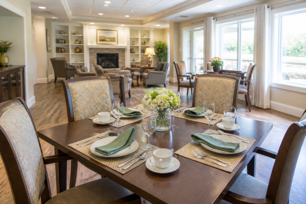 Welcoming personal care home dining and common area