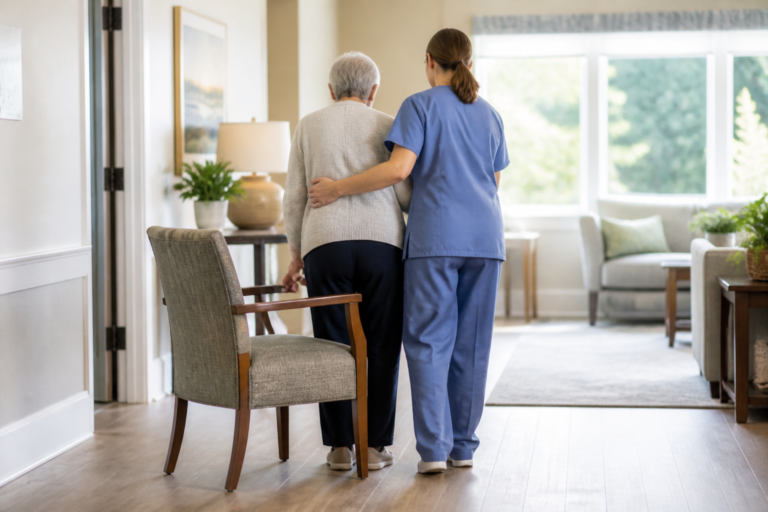 Caregiver assisting an older adult with a safe stand-and-turn transfer